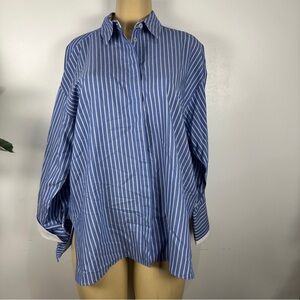 Zara Striped Oversized Button Front Shirt Sz M Flip Cuffs 3/4 Sleeves Blouse Top